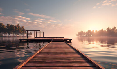 Obraz premium A Tranquil Sunrise Over a Serene Lake Viewed From a Wooden Dock Surrounded by Gentle Mist