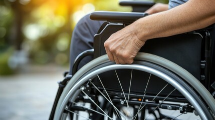 Obraz premium 日光が当たる屋外で車椅子の車輪に手を置いたクローズアップ