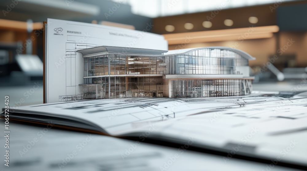 Poster a detailed architectural model displayed on an open blueprint.