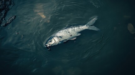 Naklejka premium A fish floating in dark water, illustrating aquatic life and environmental conditions.