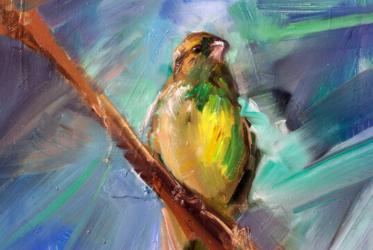 Dipinto realistico di uccello dai colori verde e giallo posato su un ramo con sfondo di cielo blu astratto realizzato ad olio