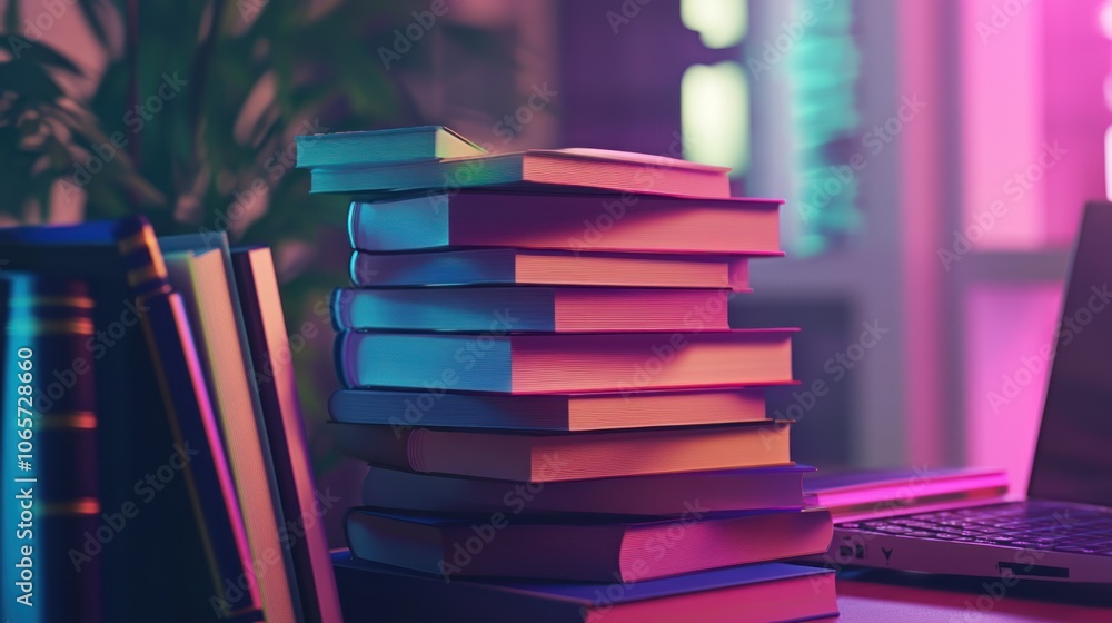Aufkleber a stack of colorful books beside a laptop on a desk, creating a studious atmosphere.