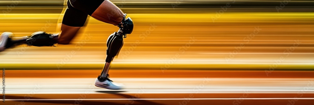 Aufkleber An athlete with a prosthetic leg is sprinting swiftly on a vibrant track, showcasing strength and determination in motion. Generative AI