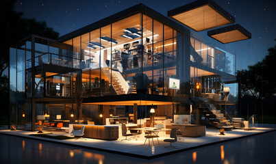 Fototapeta premium This Stunning Modern Home, Made of Glass and Wood, Glows Invitingly at Night