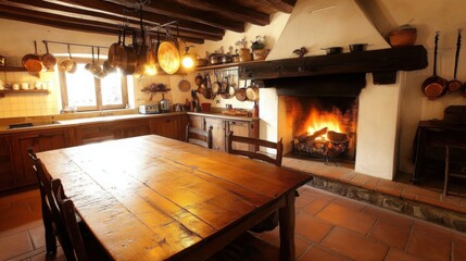 A traditional rustic kitchen with a large wooden table, hanging pots, and a fireplace