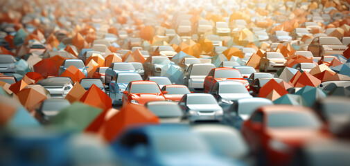 Obraz premium A Vibrant Expanse of Cars Caught in a Bustling City Traffic Jam During Golden Hour