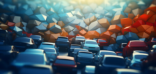 Obraz premium A Vibrant Jumble of Cars in a Colorful Abstract Urban Landscape During Sunset
