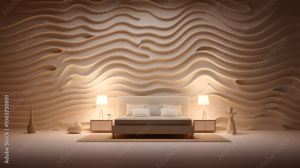 Poster relaxing bedroom with textured wave wall design and soft lighting creating a serene atmosphere