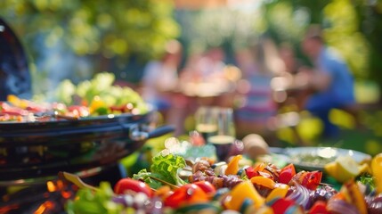 Out of focus view of an outdoor barbecue celebration capturing the joyous mood and lively conversations happening around the grills.