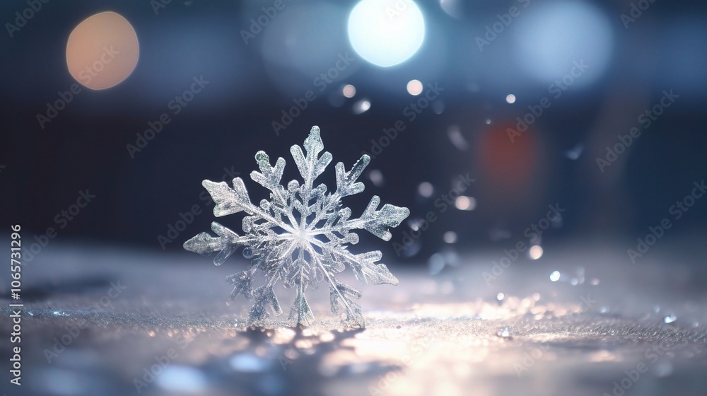 Poster crystal snowflake on soft surface with bokeh background