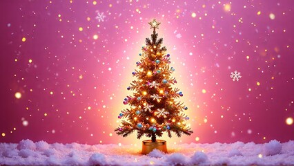 Obraz premium Festive christmas tree with colorful lights and snowflakes on pink background