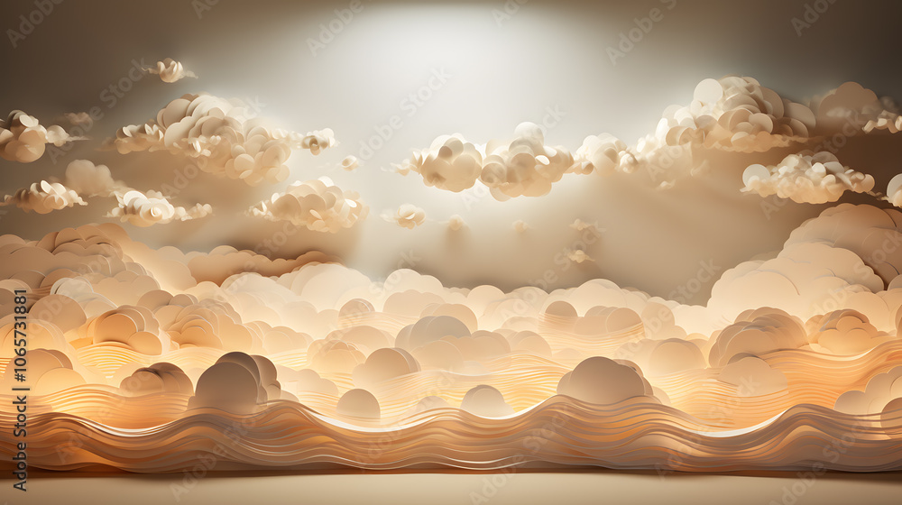 Poster whimsical paper clouds illuminated by soft light in a serene, minimalistic setting