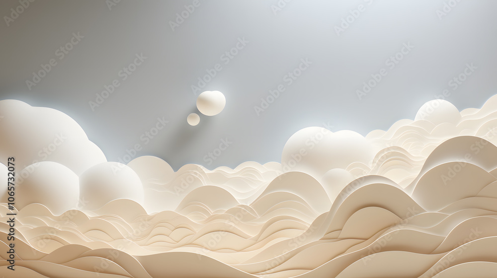 Poster sculpted paper clouds create a dreamy landscape with abstract forms and soft shadows
