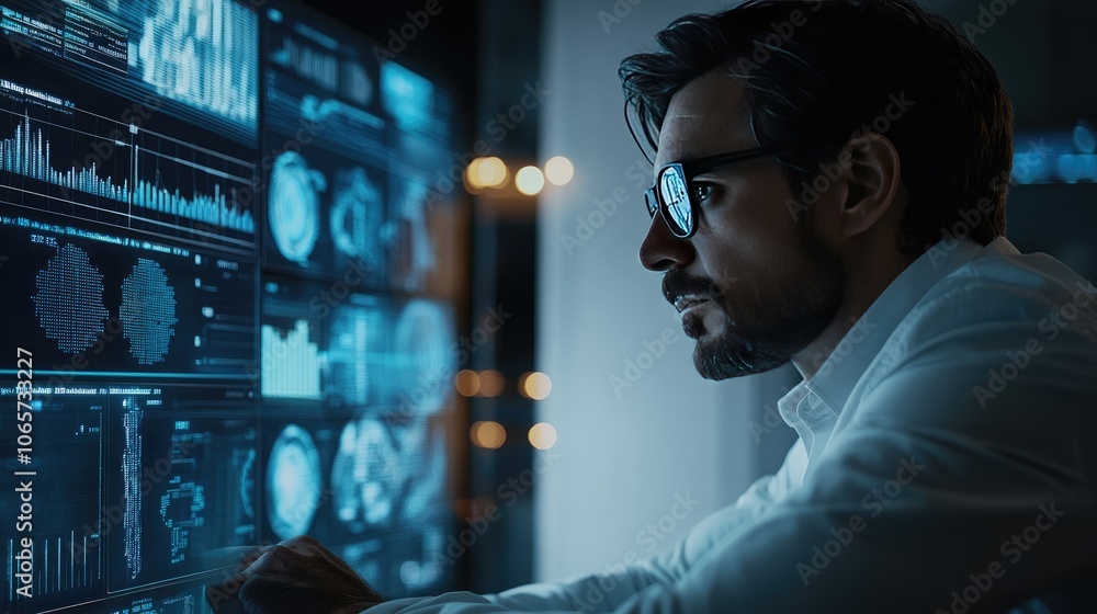 Poster professional data analyst examines advanced analytics dashboard for insights