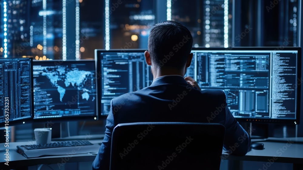 Poster professional data analyst monitors multiple screens in modern office