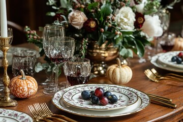 Naklejka premium luxurious fall tablescape, a dining table adorned with gold-rimmed plates, small gourds, and deep burgundy candles exudes autumnal sophistication