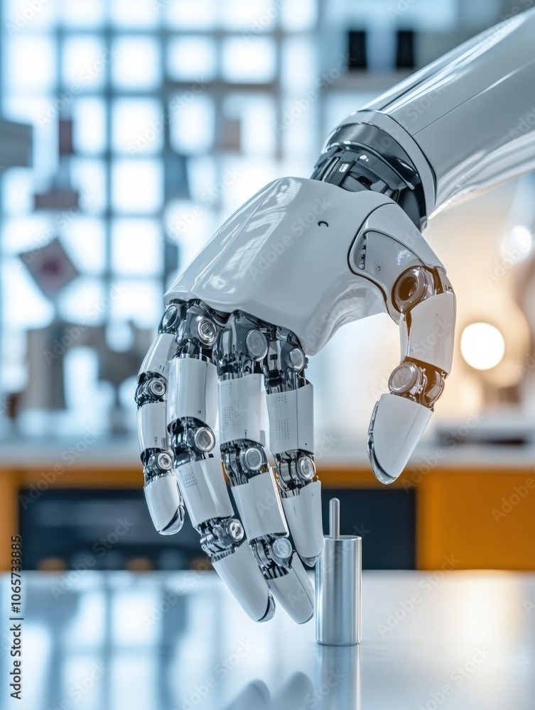 Poster a robotic prosthetic hand demonstrates precision while grasping a small metallic object in a contemp