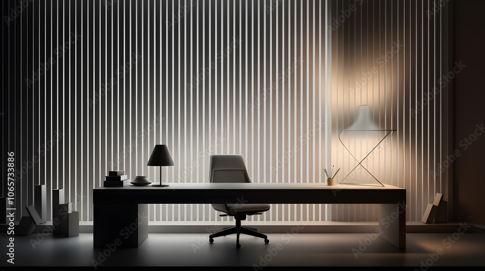 Poster sleek modern office space illuminated by soft light in a minimalist design setting