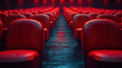 Obraz premium Rows of red theater seats with a dark, empty stage in the background.