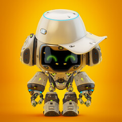 Futuristic robotic character with cowboy hat and glowing eyes set against a vibrant orange background with advanced technology design