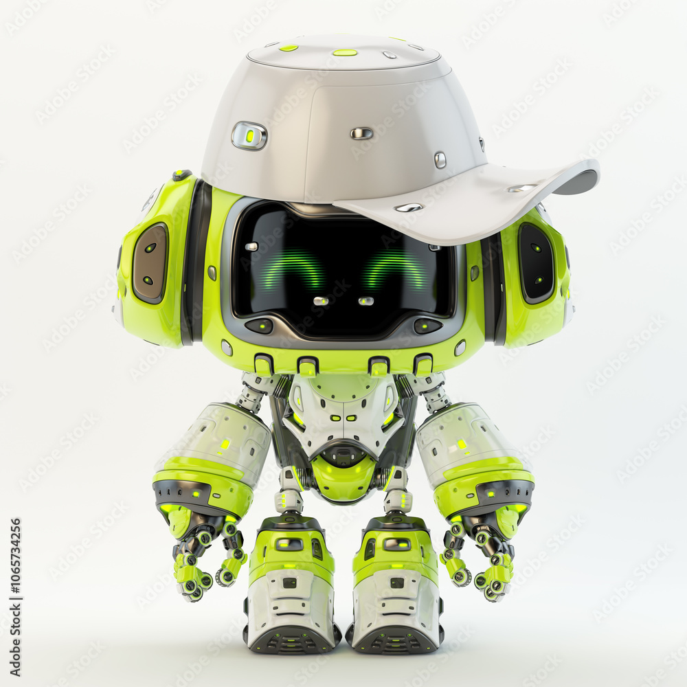 Poster adorable futuristic robot with green accents and a unique cap, displaying a friendly expression, iso