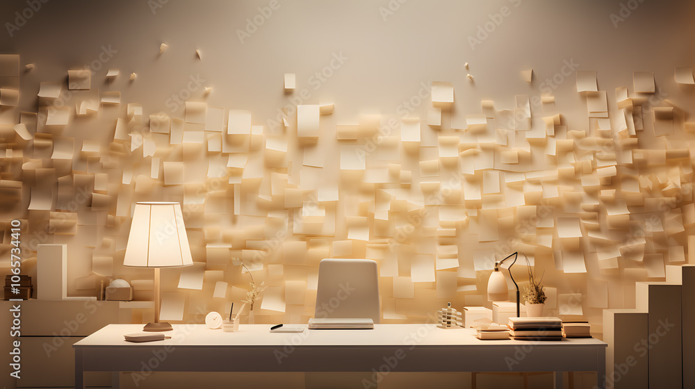 Poster a creative workspace with floating notes and warm lighting in an inspiring modern office setting