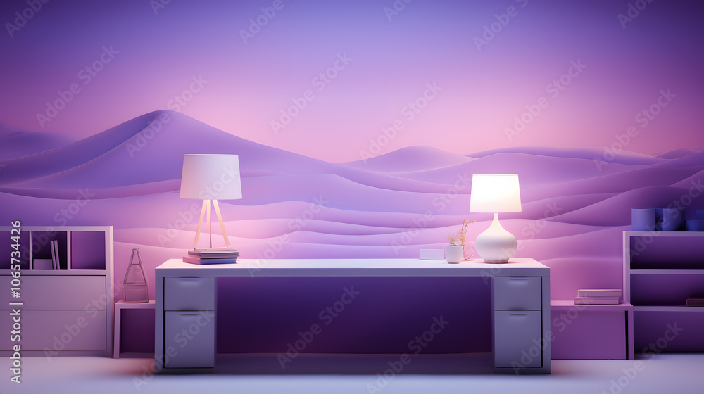 Poster a serene workspace with purple hues and soft lighting in a modern design setting