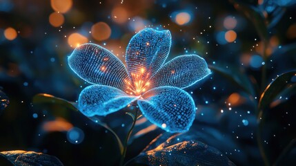 Obraz premium A blue glowing flower made of binary code in a virtual garden, with soft light adding a magical touch to the surreal atmosphere.