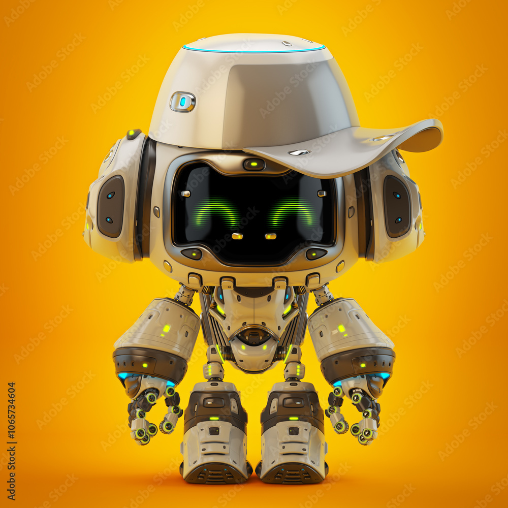Poster adorable futuristic robot with smiling digital display and baseball cap on vibrant orange background