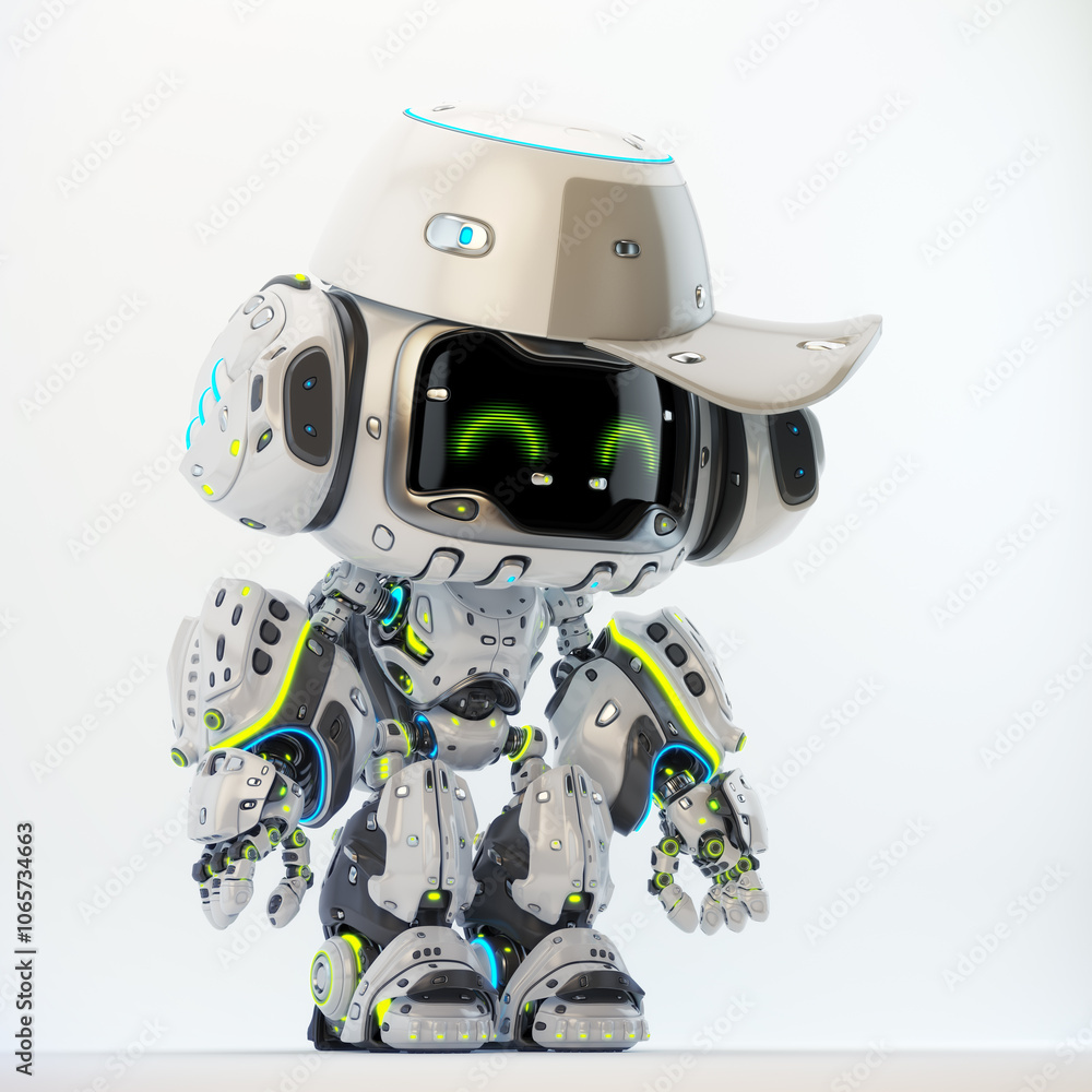 Poster humanoid robot with digital facial display and futuristic design wearing a stylish cap against a min