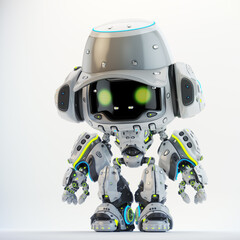 Futuristic cartoon robot with glowing eyes and intricate design stands on white background, showcasing advanced artificial intelligence and technology