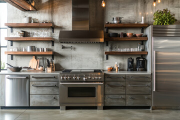 industrial kitchen space, modern industrial kitchen featuring stainless steel appliances, open shelving, concrete countertop, and muted color palette