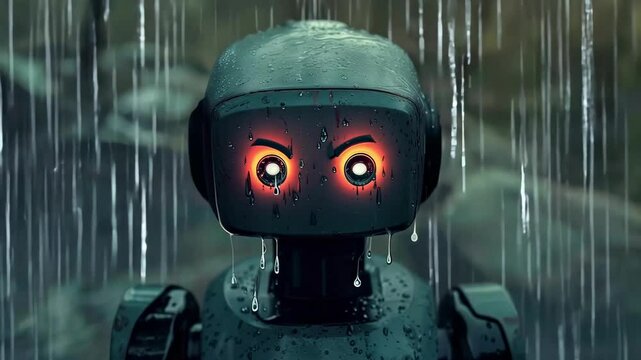 A robot is standing in the rain with its head tilted down. The robot is wet and he is crying