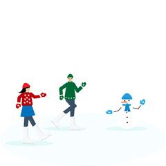 Fototapeta premium Children skate on an ice rink with a snowman
