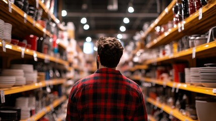 Obraz premium A man in a plaid shirt walks down an aisle in a retail store, examining rows of kitchen appliances. He is surrounded by cookware, dinnerware, and other household goods, suggesting a wide selection of 