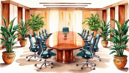 Fototapeta premium Modern Eco-Friendly Conference Room with Wooden Table