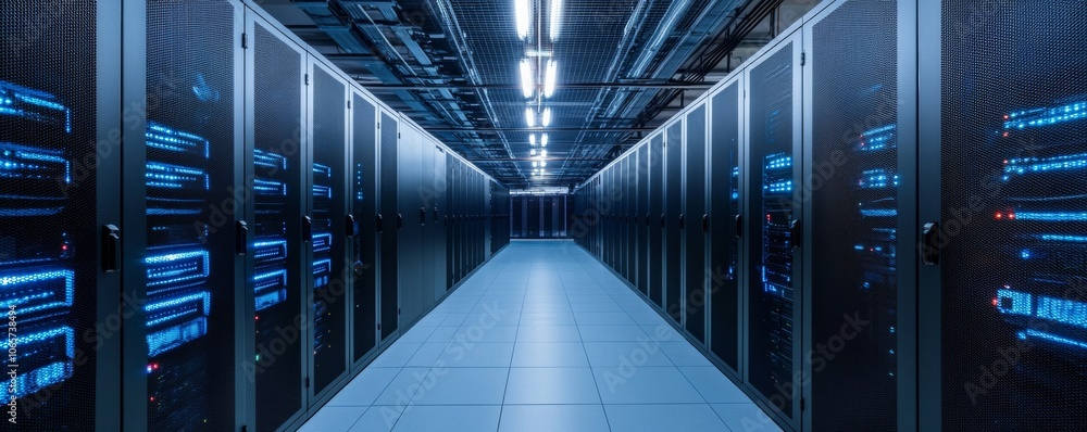 Fototapete modern data center with blue led lights and network servers – stock image of high-tech infrastructur