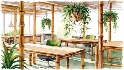 Obraz premium Sustainable Bamboo Office Design with Hanging Plants