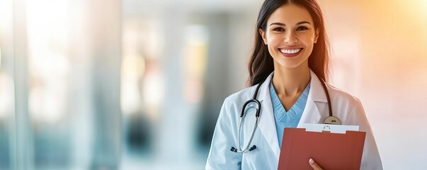 Female doctor holding patient file, smiling, calm clinical background, focus on trust in care