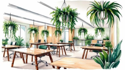Obraz premium Modern Bamboo Office with Hanging Plants and Watercolor Effect