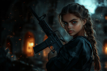 Naklejka premium .A beautiful young female soldier with a rifle stands on destroyed building background.