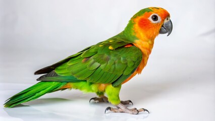 Obraz premium Sun Conure Parrot - Vibrant Green and Orange Feathers on a White Background - Isolated Bird Portrait