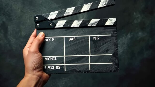 Capturing a key moment in film production with a clapperboard held against a dark background