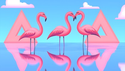 Obraz premium Flock of flamingos standing in shallow water, bright pink against a blue sky