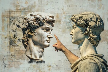 Man with plaster head of David holding clock points finger.
