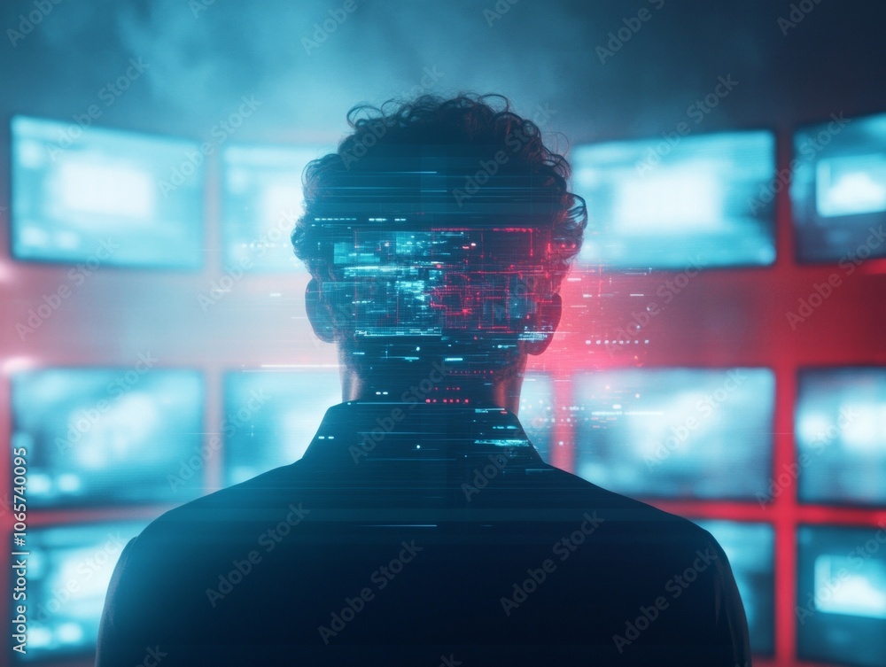 Poster Futuristic Monitoring in Cybersecurity IT Professional Analyzing Data in Server Room