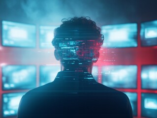 Futuristic Monitoring in Cybersecurity IT Professional Analyzing Data in Server Room