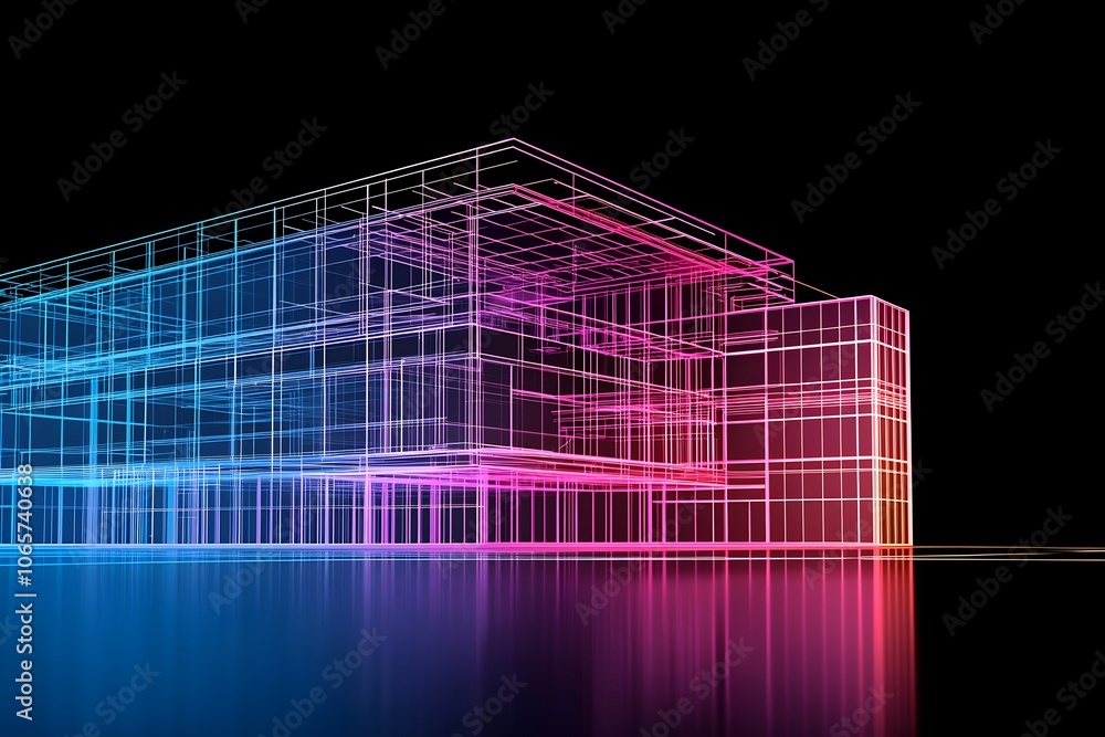 Poster neon-lit 3d building structure in digital layout, ideal for visuals on architectural technology, sma