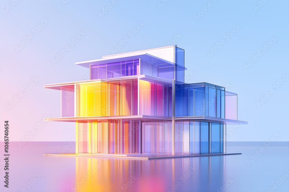 Poster neon-lit 3d building structure in digital layout, ideal for visuals on architectural technology, sma