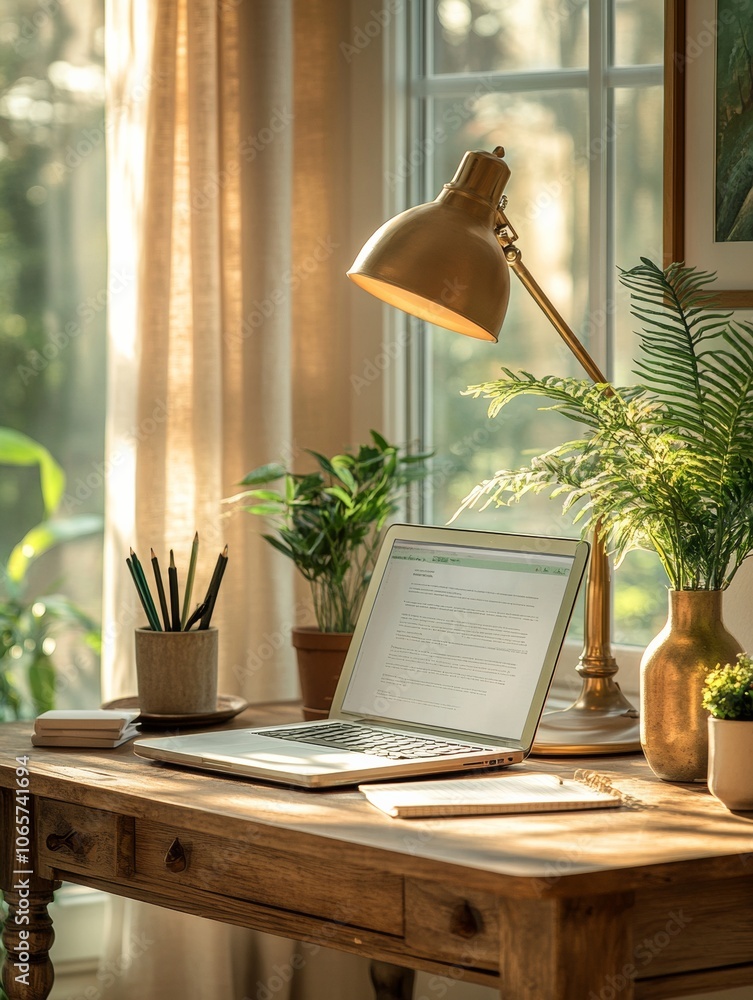 Poster minimalistic study desk with laptop and plants for productive remote learning